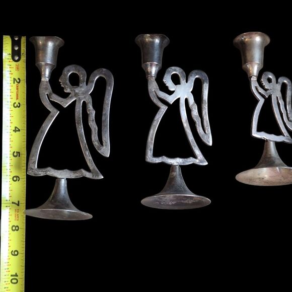 International Silver 3 Angel Candle Sticks Vintage with Patina Not Polished - Picture 4 of 14
